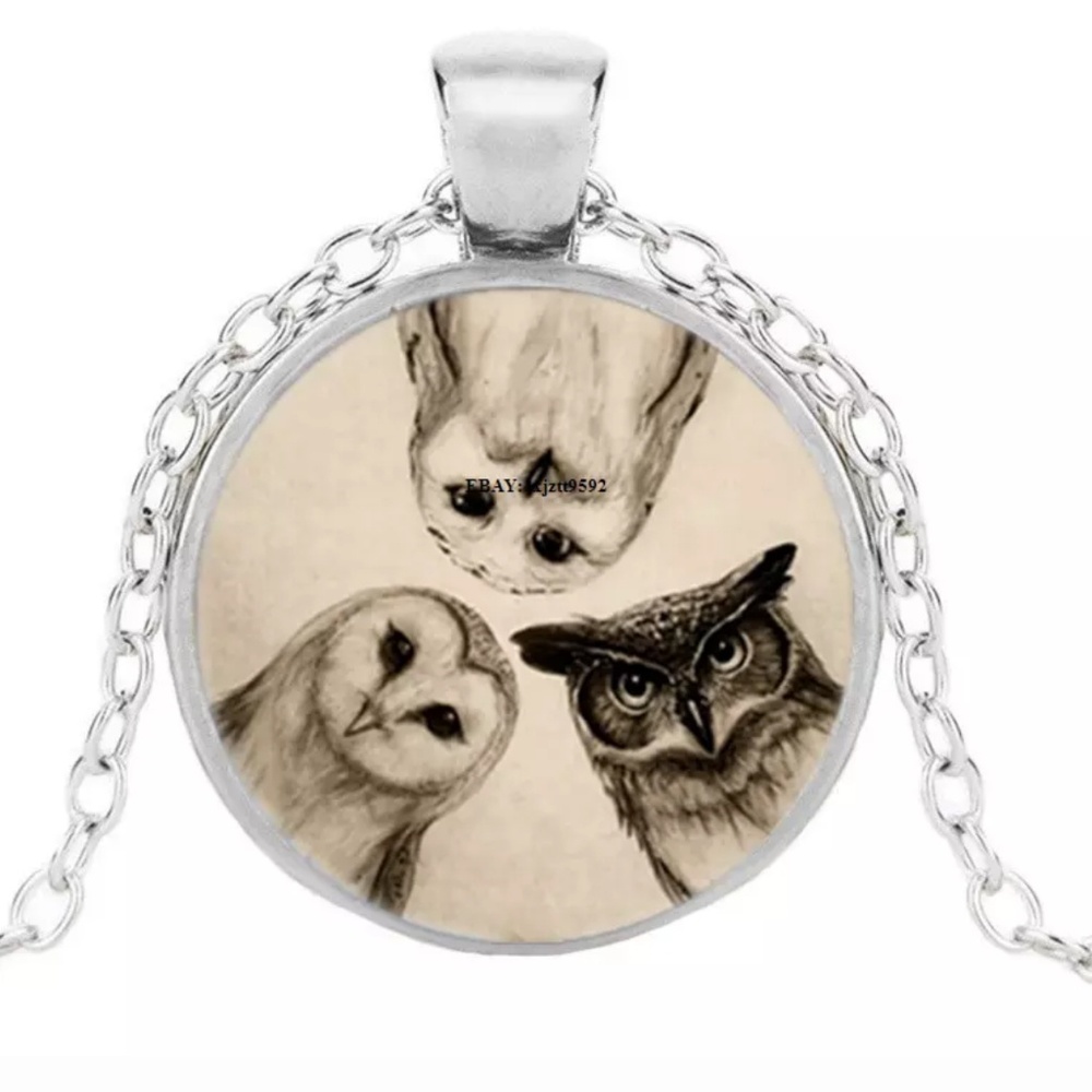 Three Owls Art Silver & Glass Pendant Necklace